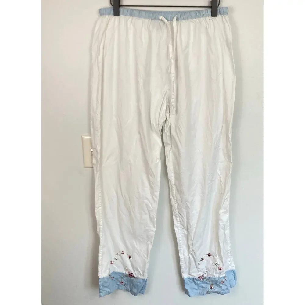 Julianna Rae Womens L Blue & White Floral Embroidered Cotton Pajama Sleep Set